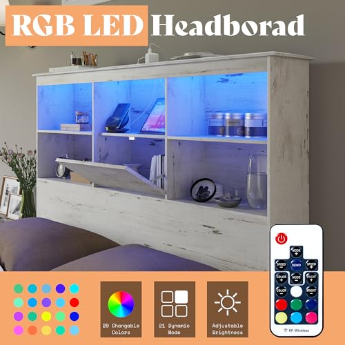 AMERLIFE Queen Size Wooden Platform Bed with LED Bookcase Headboard and Storage Drawers