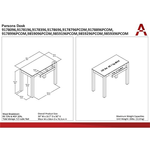 Ameriwood Home Parsons Desk With Drawer, White , 19.7D X 39W X 30H In #TOP2
