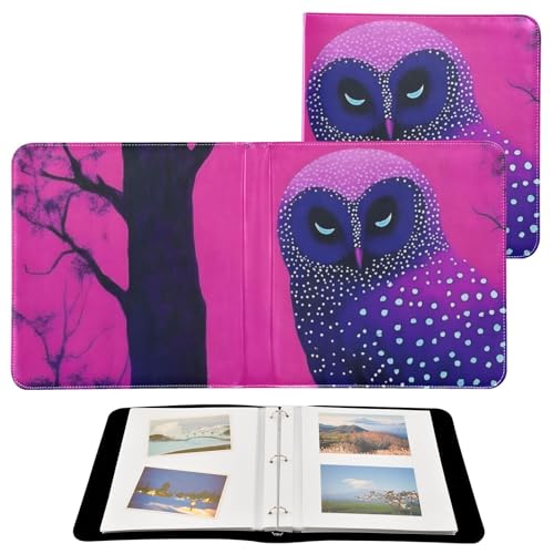 FOLIOSA Photo Album Abstract Owl Print Leather Cover, Self Adhesive Scrapbook Album for 2x3, 4x6, 5x7, 6x8 Photos for Family Travel Wedding