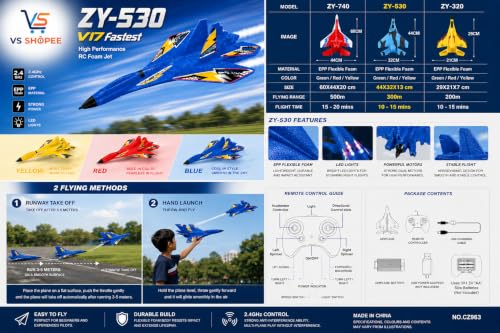 Image of ZY-530 RC Fighter Jet, 2.4GHz Radio Control Airplane, EPP Foam, LED Lights, 6-Axis Gyro, 44x32x13 cm, for Kids & Beginners