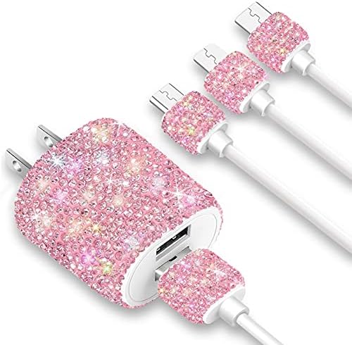 Bling USB Wall Charger with Charging Cable,Fast Block for iPhone Android,3-in-1 Multi Charger Cable Micro USB Type C Multiple USB Cord with Crystal Decor,Cell Phone Accessories for Women,Girls (Pink)