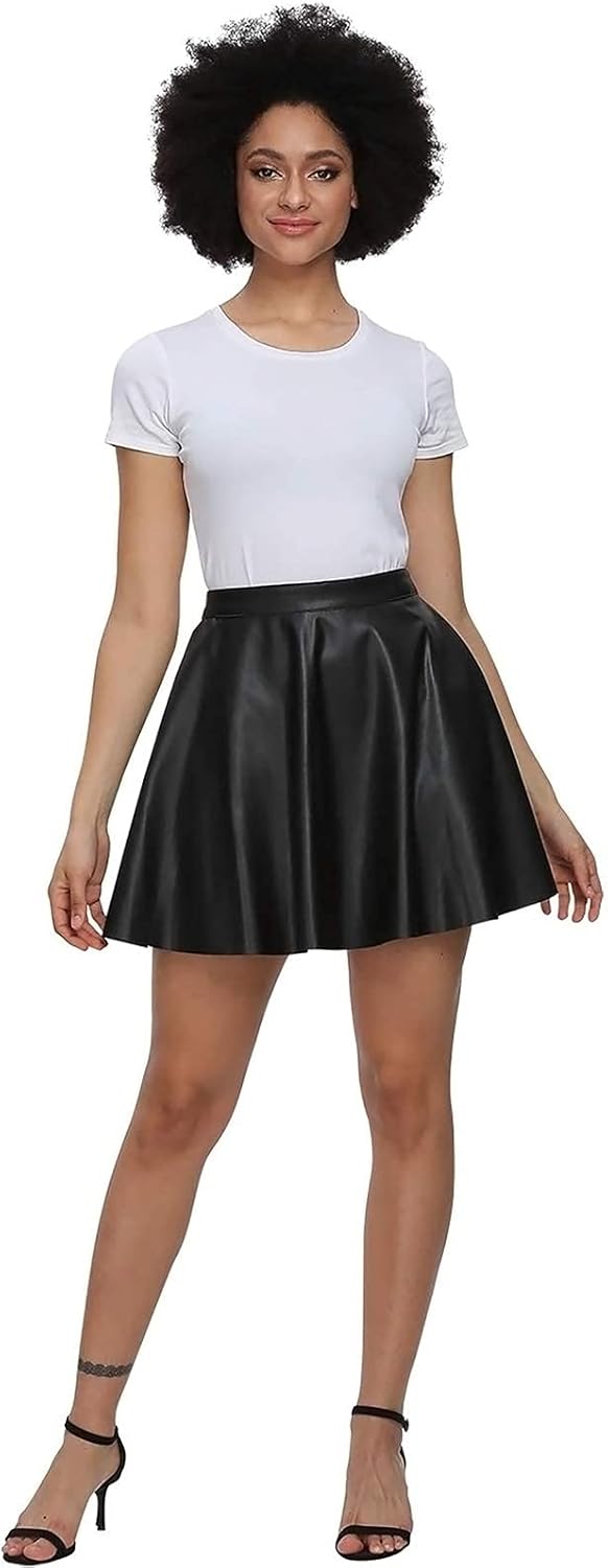 Fahsyee Leather Skater Skirt, Women's Black Pleated Plus Size Mini A-line Vegan Faux High Waist Casual Stretchy S-XXXL - Image 2