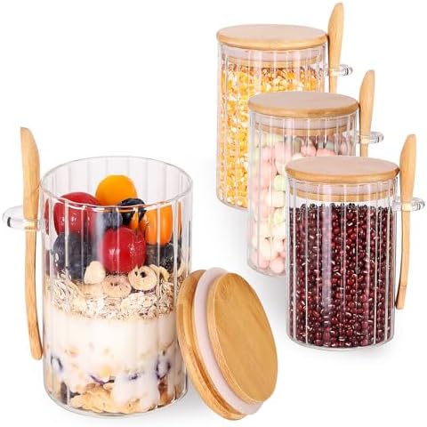 CZFWin Overnight Oats Containers with Lids, 4Pack 16OZ Glass Jars for Overnight Oat with Lids and Spoon, Chia Pudding Jars with Lids, Meal Prep Jars for Yogurt Container Cover
