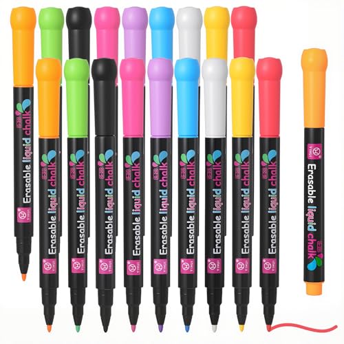 Candcamp 18Pcs Liquid Chalk Pens, 9 Colours Fine Tip Wipeable Chalk Markers for Whiteboard, Chalkboard, Window, Menu Board