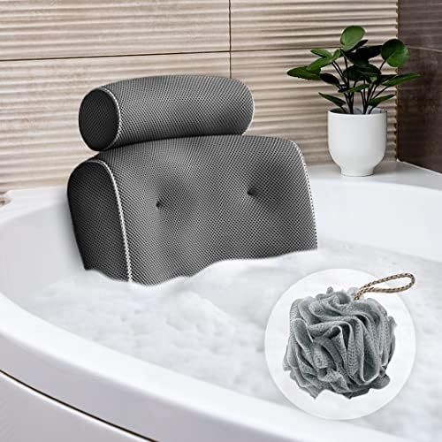 LUMI | Grey Luxury Bath Pillow With Bath Puff Included | Ergonomic Design With Neck, Shoulder & Back Support | 6 Powerful Non Slip Suction Cups | Deep Side Pocket | Relaxing Bath Accessories