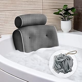LUMI | Grey Luxury Bath Pillow With Bath Puff Included | Ergonomic Design With Neck, Shoulder & Back Support | 6 Powerful Non Slip Suction Cups | Deep Side Pocket | Relaxing Bath Accessories