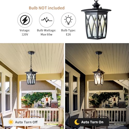 Image of JYZ Dusk to Dawn Outdoor Pendant Lantern, 12 Inch Craftsman Style Exterior Hanging Light with Water Ripple Glass, Traditional Outdoor Chandelier for Front Porch Patio Garden Gazebo Pergola
