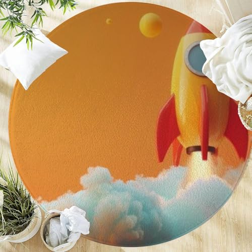Large Round Washable Rug 5ft Rocket Smoke Startup Business