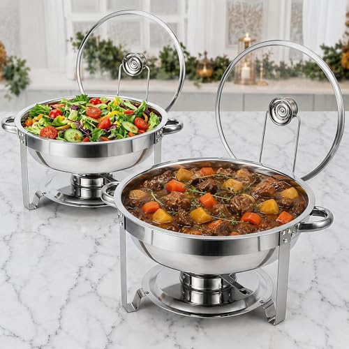 GarveeHome Chafing Dish Buffet Set 2 Pack 5 QT, Stainless Steel Round Chafing Dishes for Buffet With Lid Holder & Glass Lid, Buffet Servers and Warmers for Parties, Wedding, Camping, Dinner, Silver by GarveeHome - Used condition - US$43.11