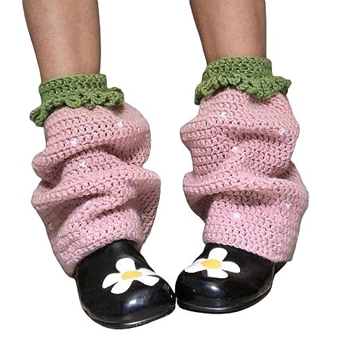 Image of SOLILOQUY Women Y2K Knit Leg Warmer Cute Strawberry Knee High Socks Kawaii Aesthetic Boot Cuffs Cover Lolita Knit Long Socks