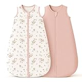 Konssy Muslin Baby Sleep Sack 0-6 Months 0.8 TOG, 2 Pack 100% Cotton Wearable Blanket for Babies, 2-Way Zipper Breathable Sleeping Sack Infant Toddler Essentials for Girls and Boys (Blossom, Pink)