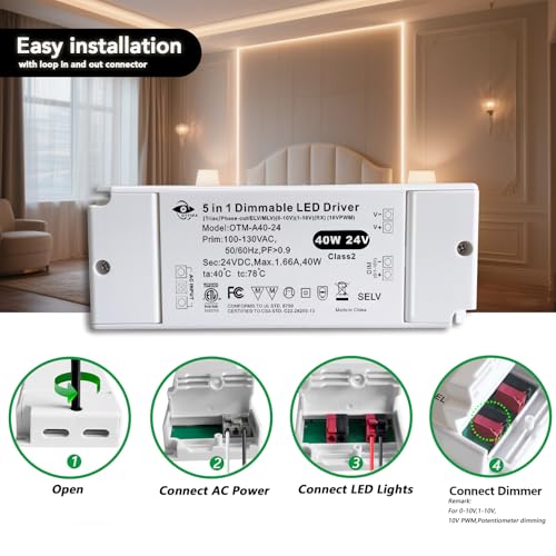 Image of Dimmable LED Driver 40W 24V, 5-in-1 Dimming Flicker-Free Power Supply with Lever-Actuated Push-in Terminals, Ultra-Slim Transformer for LED Strip Lights, Triac & 0-10V Compatible, ETL Listed