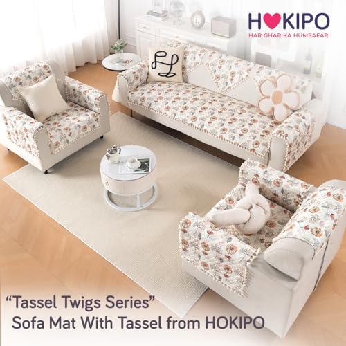 Image of HOKIPO Wildflower Breeze Quilted Sofa Cover Mat with Tassels for 1 Seater 'Tassel Twigs' Series (IN-982-T7)