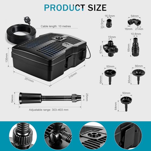 EXLECO Pompa do oczka wodnego zewnętrzna z lampą UV, 2500 l/h, 54 W, filtr do oczka wodnego, kompletny zestaw z pompą, 3 nasadki fontannowe, materiał filtrujący, pompa do fontanny z filtrem, pompa