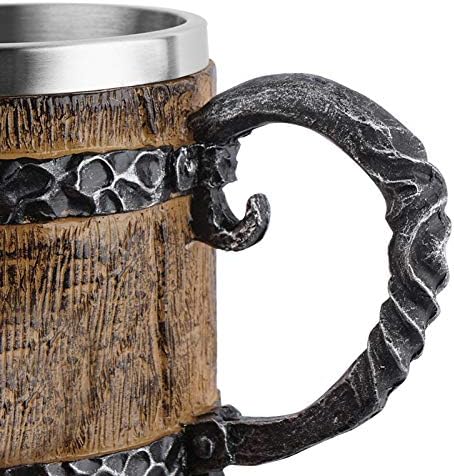 Huaxingda Handmade Beer Mug Wood Stainless Steel Cup, Creative Resin Simulation Wooden Barrel Double Layer Beer Stein Mug Beer Tankard Drinking Cup Drinkware For Party/Home/Bar (5.51X4.33X3.35in)