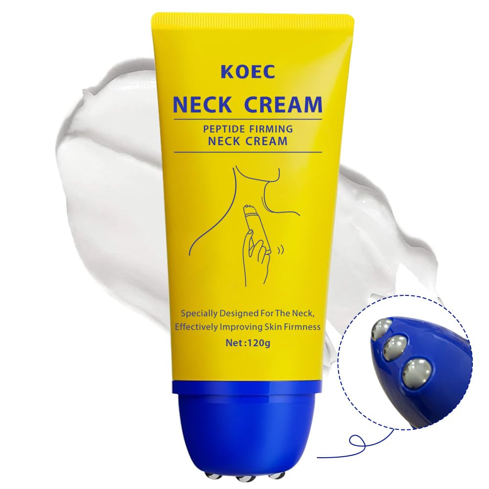 KOEC Neck Peptide Firming Cream with Massage Roller,Hydrating & Tightening & Lifting Neck Cream Silky Texture for Crepey Skin & Wrinkles 4.23 FL OZ