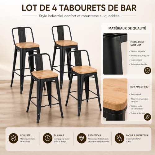Lot 4 tabourets bar industriels 76 cm bois - KOSMI