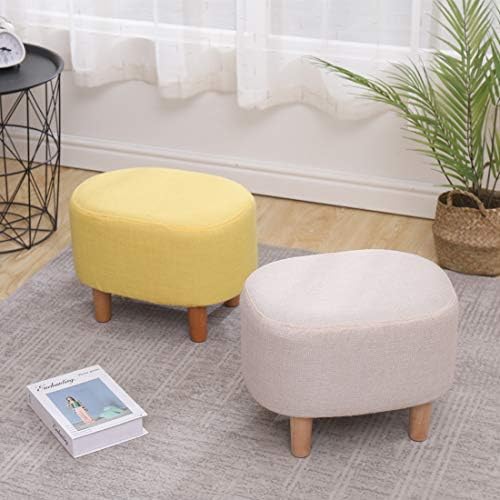 LEITING Ottoman Footstool Footrest Foot Stool Pouffe Padded Modern Home Living Room Bedroom Oval Seat with Removable Linen Stool Cover 4 Beech Wooden Legs (Yellow)