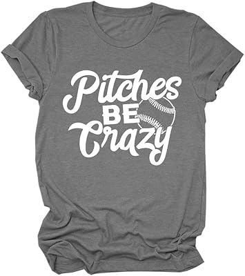 ATETYRP Pitches Be Crazy Shirt, Baseball Graphic Tees, Women Casual Short Sleeve Funny Sports Tops Baseball Mom T-shirt Gifts Dark Grey