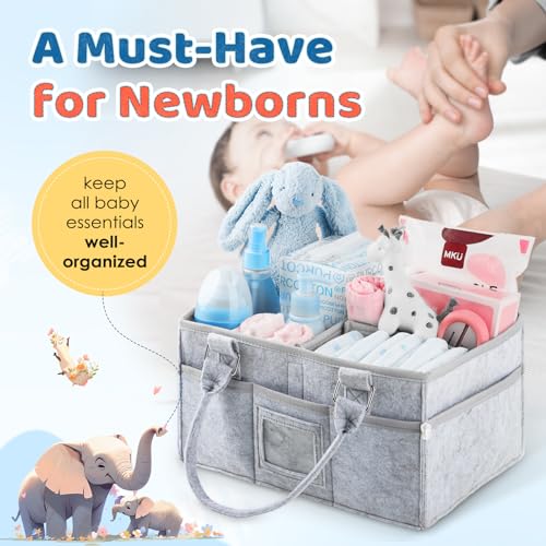 Kidtion Diaper Caddy Organizer for Baby Essentials, Newborn Essetials Must Haves, Baby Registry Search and Other Baby Stuff, Collapsible Baby Basket with Handle and a Photo Frame, Gray (L)