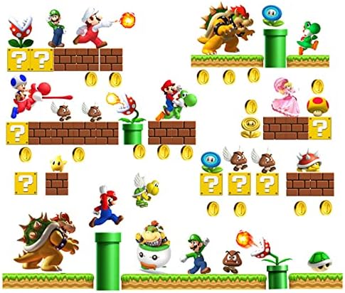 Mario Wall Stickers Kids Cartoon Background Wall Decals Self-Adhesive Room Art Decor for Boys Girls Bedroom Nursery Playroom