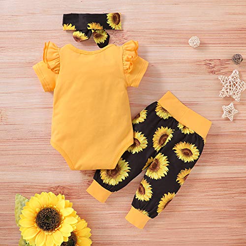 Miekisa Baby Girls Newborn 3Pcs Clothes Top Flower Printed T Shirt Pants Headband Sweatshirt Infant Outfit Clothing Sets Bodysuit (Yellow, 0-3 Months(Tag 70)) #TOP1