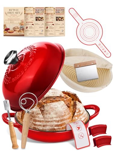 Dutch Oven Bread Baking Pot with Lid 6QT Enameled Cast Iron Oven, Gradient Red Design & Complete Sourdough Kit (Banneton Basket, Dough Tools, Silicone Sling) for Artisan Bread Making