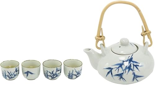 Miniatura 4 de Ebros Gift Juego de té de porcelana japonesa azul y blanco con diseño de hojas y ramas de bambú japonés de 11 onzas y 4 tazas de 2 onzas con mango