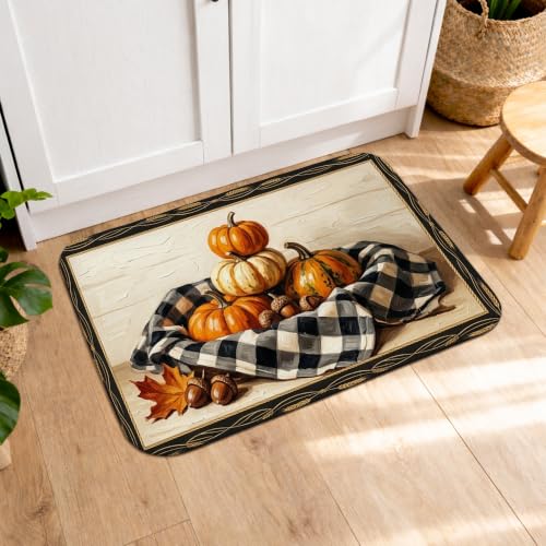 Pumpkins Kitchen Mats for Floor, Rustic Seasonal Leaves Window Fall