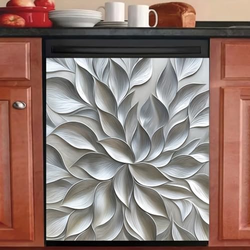 Image of Tomhong 2D Flat Silver Leaf Pattern Dishwasher Magnetic Cover 23x26 Inch Modern Abstract Appliance Magnet Panel Decal Decorative Kitchen for Stylish Home Decor