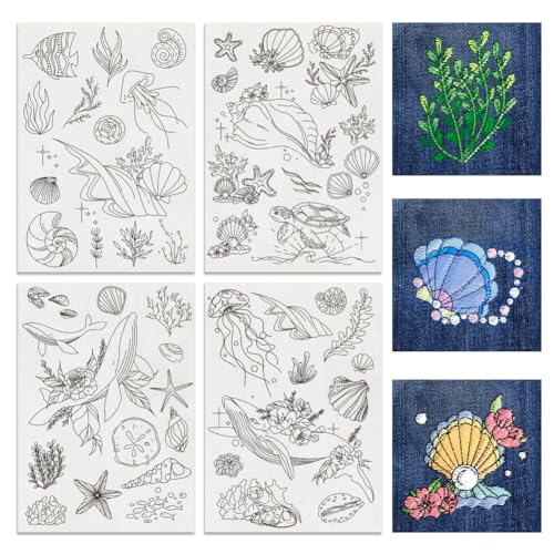 BENECREAT 4 Sheets 50pcs Ocean Theme Water Soluble Hand Sewing Stabilizers, Fish Shell Conch Whale Tear Away Embroidery Stabilizers for Embroidery, Carves, Shirts, Coats, Bags, Towels