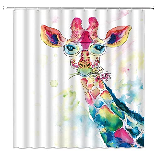 Bstds Watercolor Giraffe Shower Curtain,Funny Colorful Animal Flowers Cute Lovely African Long Neck Wildlife Spring Painting Creative Abstract Bathroom Curtains Decor Fabric 70X70 Inches With Hooks #TOP2