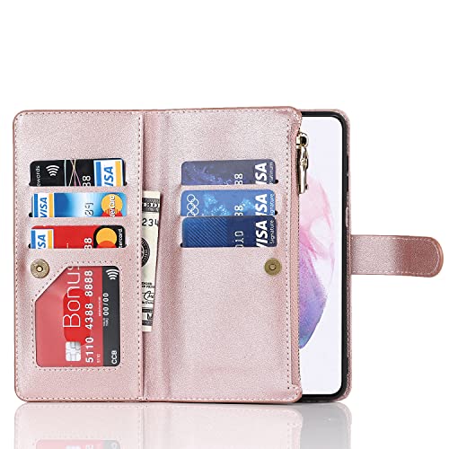 Elteker Samsung Galaxy A32 5G Wallet Case,[9 Card Holders] [Magnetic Closure] Premium Leather Cross Body Strap Flip Kickstand Women Wallet Case With Zipper For Samsung Galaxy A32 5G -Rose Gold #TOP2