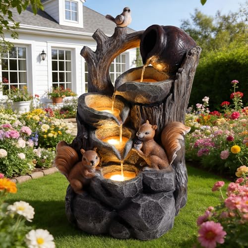 30" H Outdoor Water Fountain, 4-Tiers Cascading Resin Waterfall Fountain with LED Lights and Squirrel Statue, Floor Standing Garden Waterfall Decor for Garden, Patio, Backyard, Porch, Home Decor