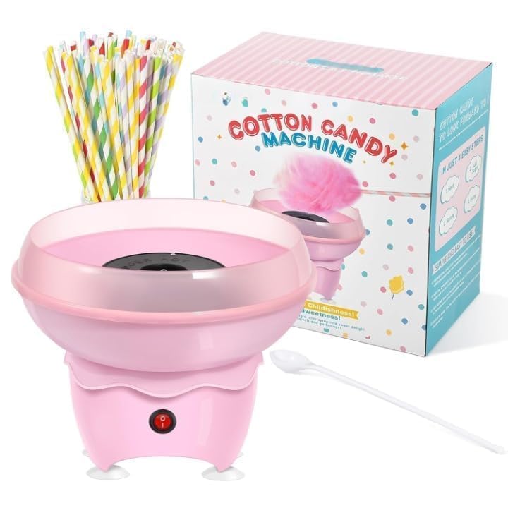 Cotton Candy Machine, Mini Candy Maker for Home and Family Parties, Easy-to-Use Candy Floss Machine with 25 Cotton Sticks and Measuring Spoon
