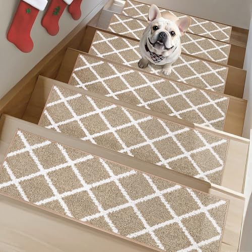 Non-Slip Stair Treads for Wooden Steps Indoor, 15 Pack 9" X 28" Edging Stair Carpet Mat with TPE Backing, 0.4" Thick Stair Runners for Kids Elders & P