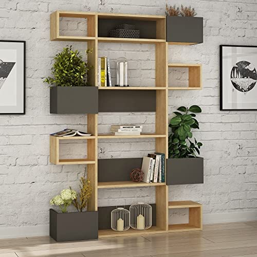 Emob - Woody Fashion Bookshelf | 100% Melamine | 18mm Thickness | 120cm x 171cm x 20cm | Oak Anthracite – vue 2