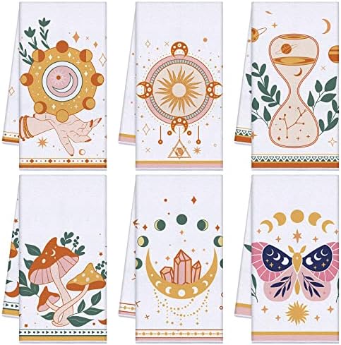 Redbaker 6 Pcs Boho Kitchen Towels Astrology Dish Towel Star Mushroom Moon Hand Towels Butterfly Decorative Tea Towels for Absorbent Kitchen Decor with Hanging Loop for Bathroom Home Housewarming Gift