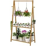 Tovacu Hanging Plant Shelf Indoor Outdoor Plant Stands Wood Flower Stand 2 Tiered Bamboo Plant Shelves Holder Rack for Patio Balcony Garden (Tall,50 inch)