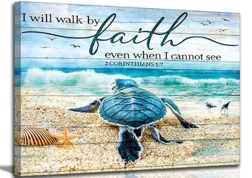 Christian Bible Inspirational Canvas Wall Art Teal Turtle Motivational Quotes