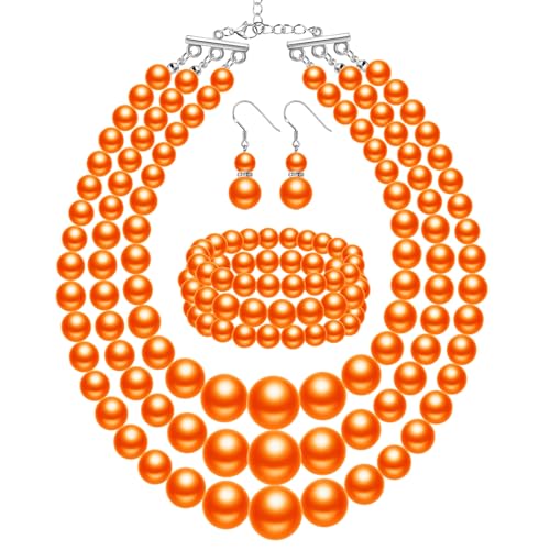 Haysandy 20s Pearl Jewelry Set for Women Vintage Costume Layered Necklace Bracelet Earring for Derby Wedding Prom Party Gift(Orange)