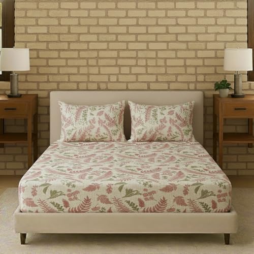 Image of Trance Home Linen 100% Cotton 144Tc Elastic Fitted Bedsheet | Printed Double Size Bed Elasticated Fitted Bedspread with 2 Pillow Covers (75X60 Inch, Foliage Peach), Queen