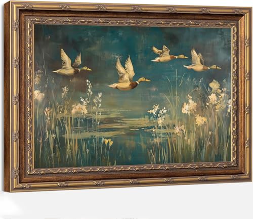 KBCXOY Mallard Duck Wall Art, Teal Brown Vintage Rustic Cabin Lake Print