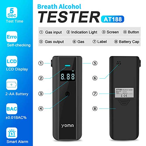 Breathalyzer, YOMA Portable Alcohol Tester with 10 Mouthpieces, Professional BAC Tester with Digital LCD Screen, Police-Grade Accuracy for Personal Use