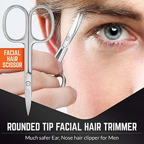 Stainless Steel Grooming Scissors - Eyebrow Scissor, Beard & Mustache Trimming Set, Small Curved & Rounded Tip Facial Hair Trimmer Kit For A Much Safer Ear, Nose Hair Clipper For Men & Travel Case #TOP2