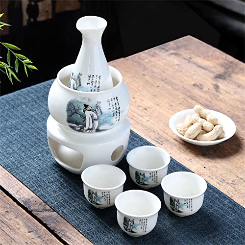 日本酒 熱燗器 伝統 熱酒器 酒器セット 冷たい/暖かい/熱い酒のための日本の禅スタイルの陶磁器のワインセット伝統的な磁器酒暖かい フラスコ 焼酎 熱燗器 焼酎じょか揃 燗瓶 冷酒器 美濃焼 キット焼酎/酒瓶/酒カップ/温暖化ボウル/暖房ベース (B)
