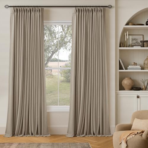 Deep Flax Greige Pinch Pleated 100% Blackout Linen Curtains 90 Inch Length