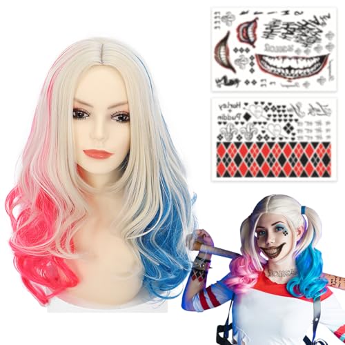 Karneval Perücke Damen Mädchen, Perücke Blau Rosa, Kostüm Cosplay Accessories Perücken mit Tattoos für Damen Mädchen Karneval Halloween Fasching Party