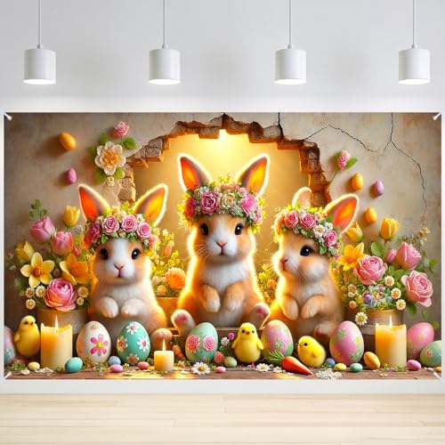 Image of Nuxovilar 43x70 inch Bunny Trio Flowers Easter Banner | Playful bunny trio and floral Easter backdrop for home decor and spring festivity.