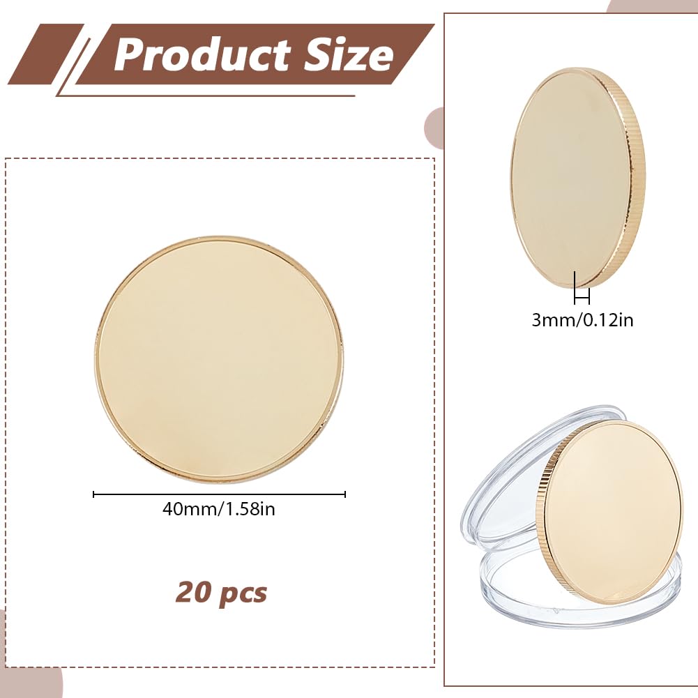 WEBEEDY 20 Pièces de Monnaie Vierges de Défi à Graver Pièces de Monnaie Miroir de Défi 40mm Rondes à Bords Filetés Pièce Miroir Vierge avec Boîte de Protection en Acrylique pour Artisanat DIY (Or)